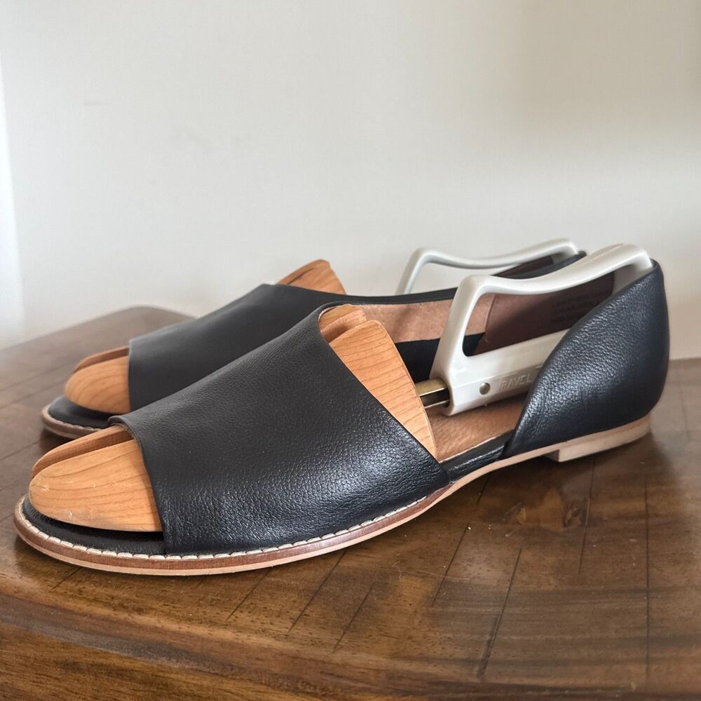 Anthropologie Black Leather D'Orsay Sandals Women's 11 Flat Slip On